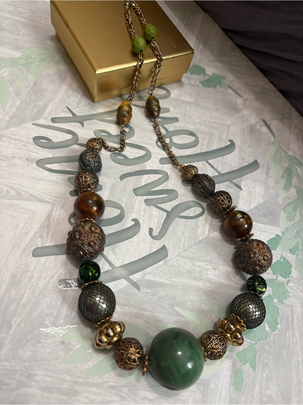 Chunky Green Bronze Statement Necklace Boho Mixed Bead Antique Gold